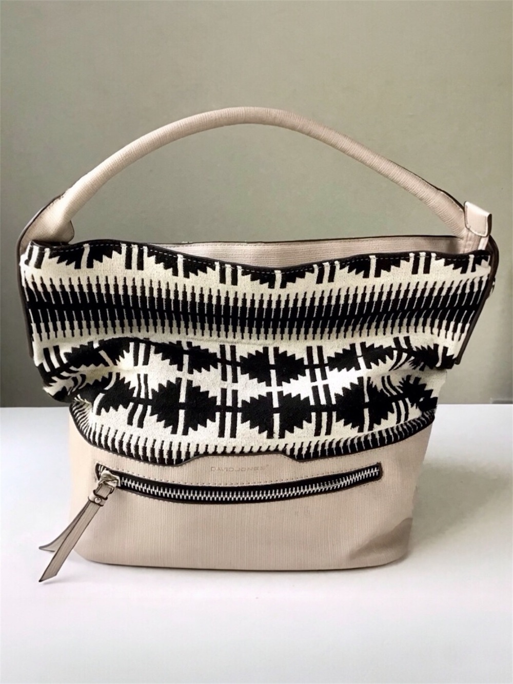 David Jones Tote Purse Hobo Bag Cream & Black Textile Print & Synthetic Leather